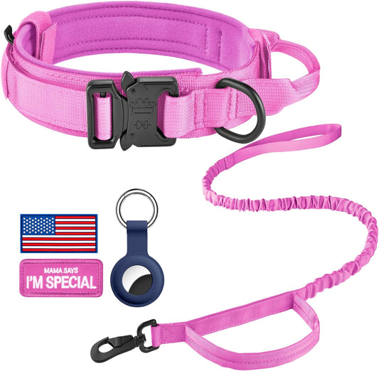 DAGANXI Tactical Dog Collar, Adjustable Military Training Nylon Dog Collar with Control Handle and Heavy Metal Buckle for Medium and Large Dogs, with Patches and Airtags Case (M, Pink-Set)