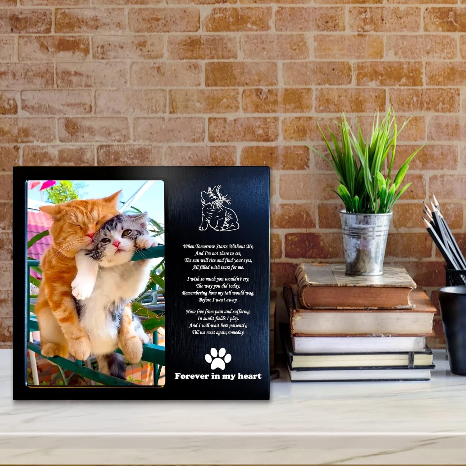 Cat Memorial Gift (Opts) Personalized Metal Wood - Pet Memorial Picture Frame 4X6 for Loss of Cats. (C01B)