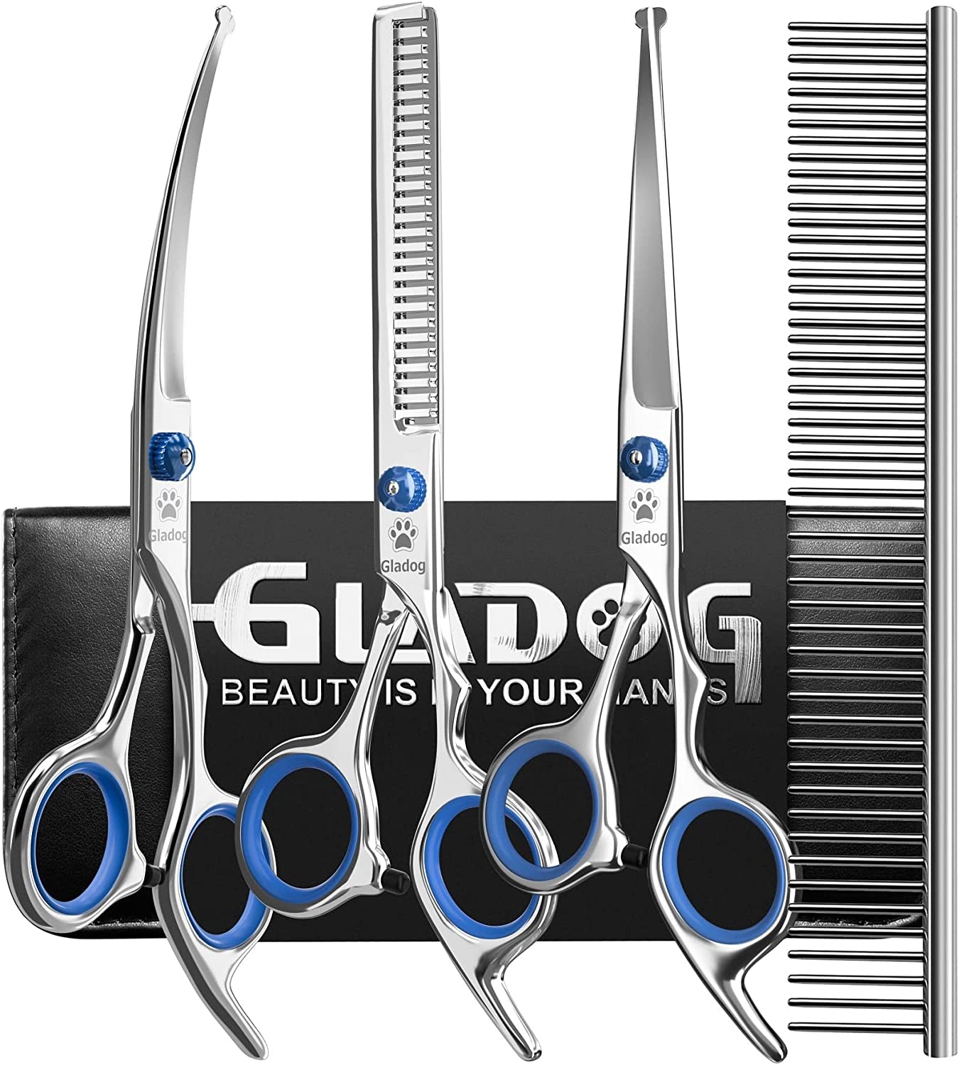 GLADOG Professional 5 in 1 Dog Grooming Scissors Set with Safety round Tips, Sharp and Heavy-Duty Pet Grooming Shears for Cats