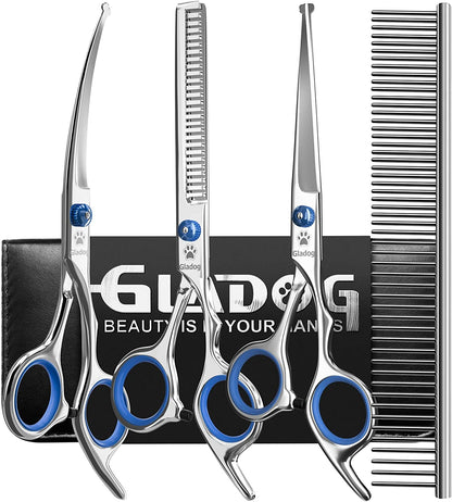 GLADOG Professional 5 in 1 Dog Grooming Scissors Set with Safety round Tips, Sharp and Heavy-Duty Pet Grooming Shears for Cats