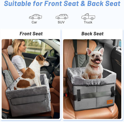 JOEJOY Small Dog Car Seat for Small Dogs, Portable Puppy Dog Booster Seat for Car with Clip-On Safety Leash, Adjustable Straps Perfect for Small Pets up to 25Lbs (Grey)