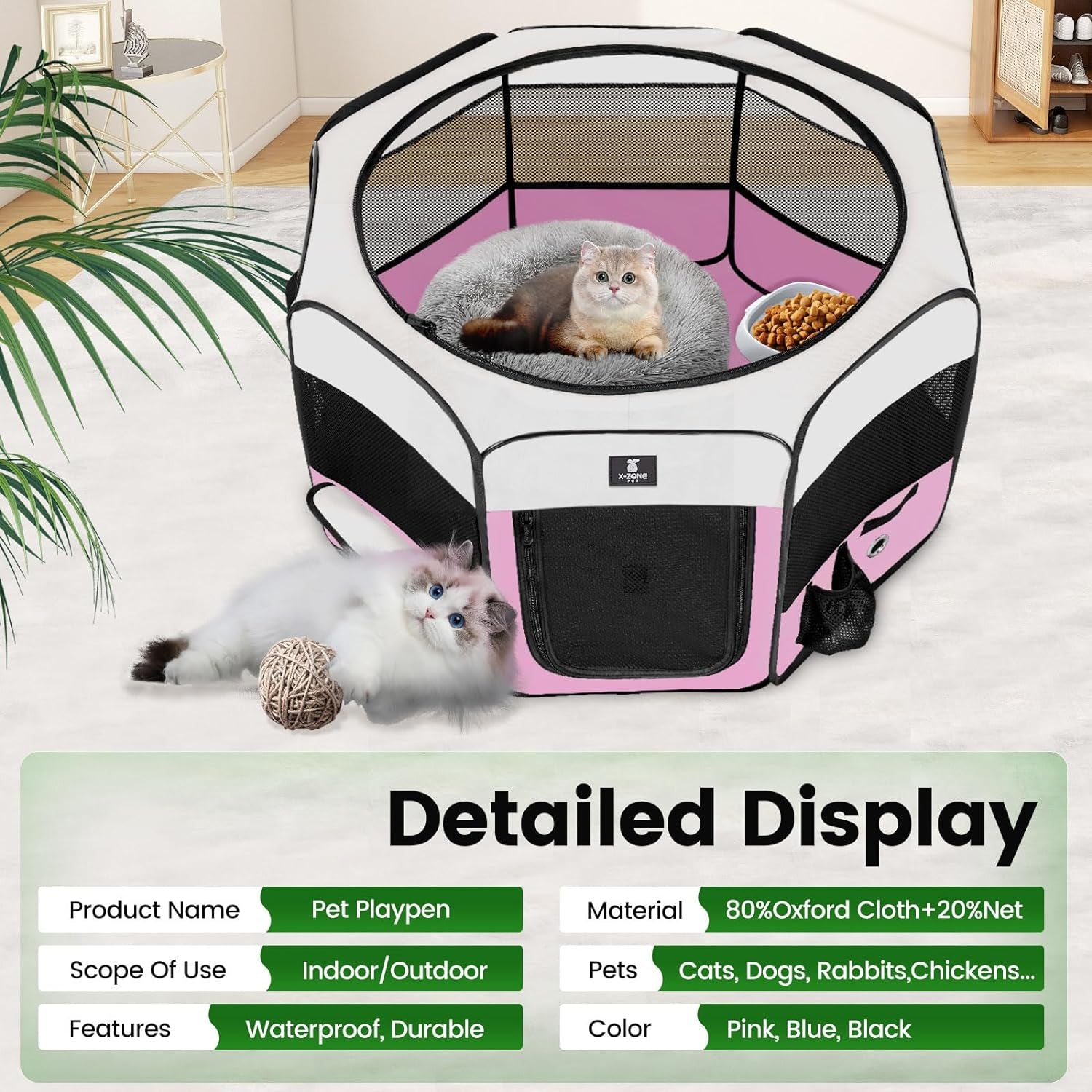 X-ZONE PET Dog Playpen Portable Pet Play Pens for Puppies, Cat, Rabbit, Chicks, Foldable Exercise Play Tent Kennel Crate, Indoor/Outdoor Travel Camping Pink Medium