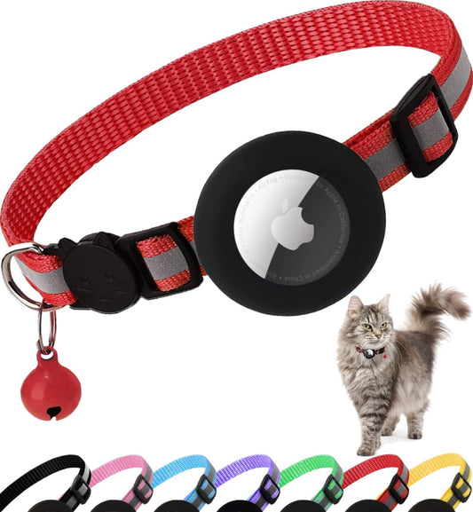 Airtag Cat Collar Breakaway, Reflective Kitten Collar with Apple Air Tag Holder and Bell for Girl Boy Cats, 0.4 Inches in Width and Lightweight (Red)