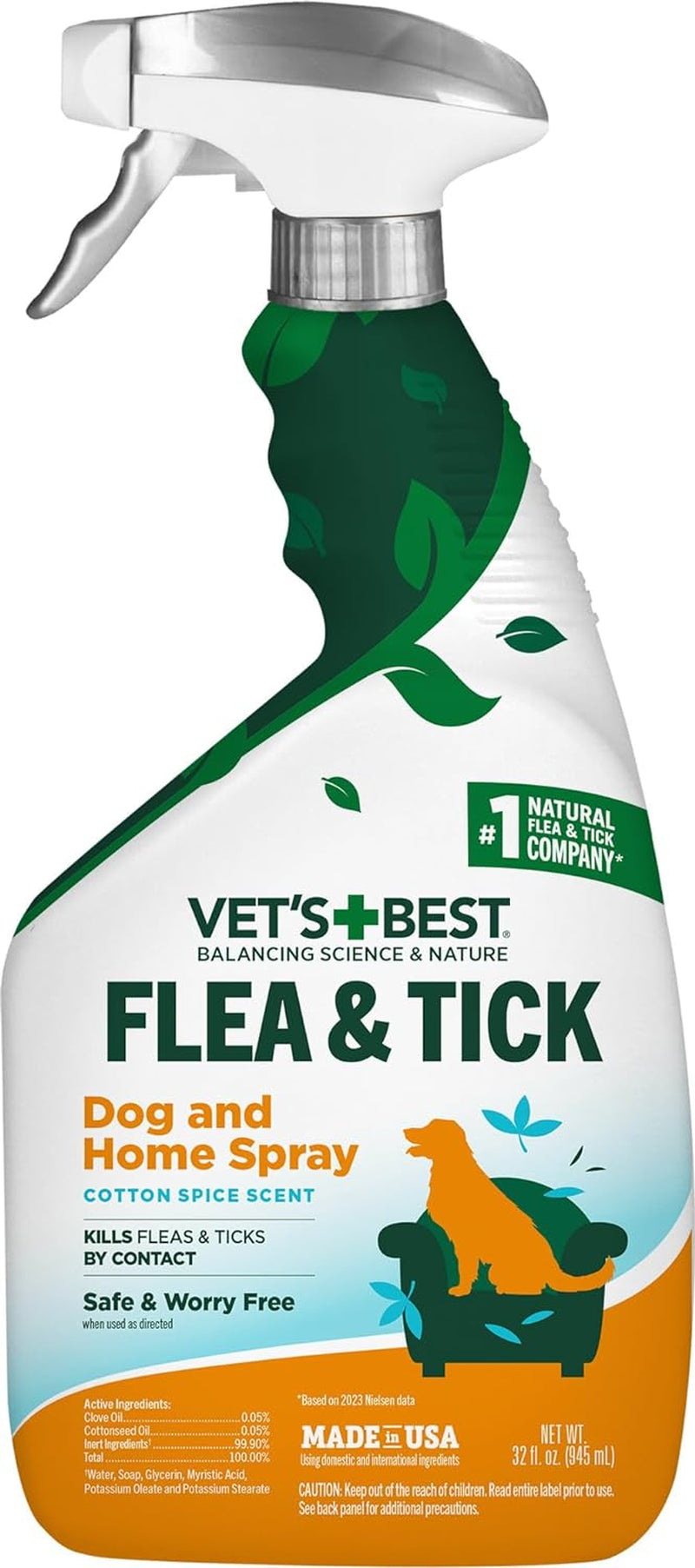 Vet’S Best Flea & Tick Home Spray for Dogs – Cotton Spice Scent Dog Flea & Tick Aid – Made in the USA – Flea & Tick Home Spray – Flea Protection for Dogs – 32 Oz