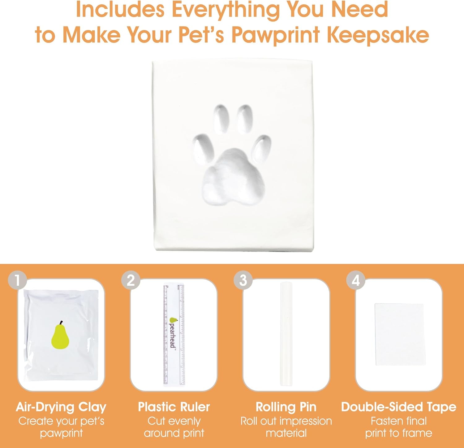 Pearhead Pet Paw Print Photo Frame with Clay Imprint Kit, Pawprint Making Kit, Cat or Dog Memorial Keepsake Gift, Pet Home Décor, Wooden Tabletop Picture Frame, Solid White