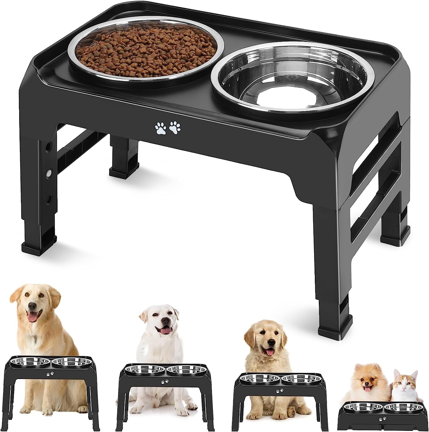 Elevated Dog Bowls for Small Dogs 3 Height Adjustable Raised Dog Bowl Stand with 25Oz Stainless Steel Dog Food Bowls Anti-Slip Small Dog Feeder Adjusts to 7.5", 6", 2.75", Light Brownish Gray