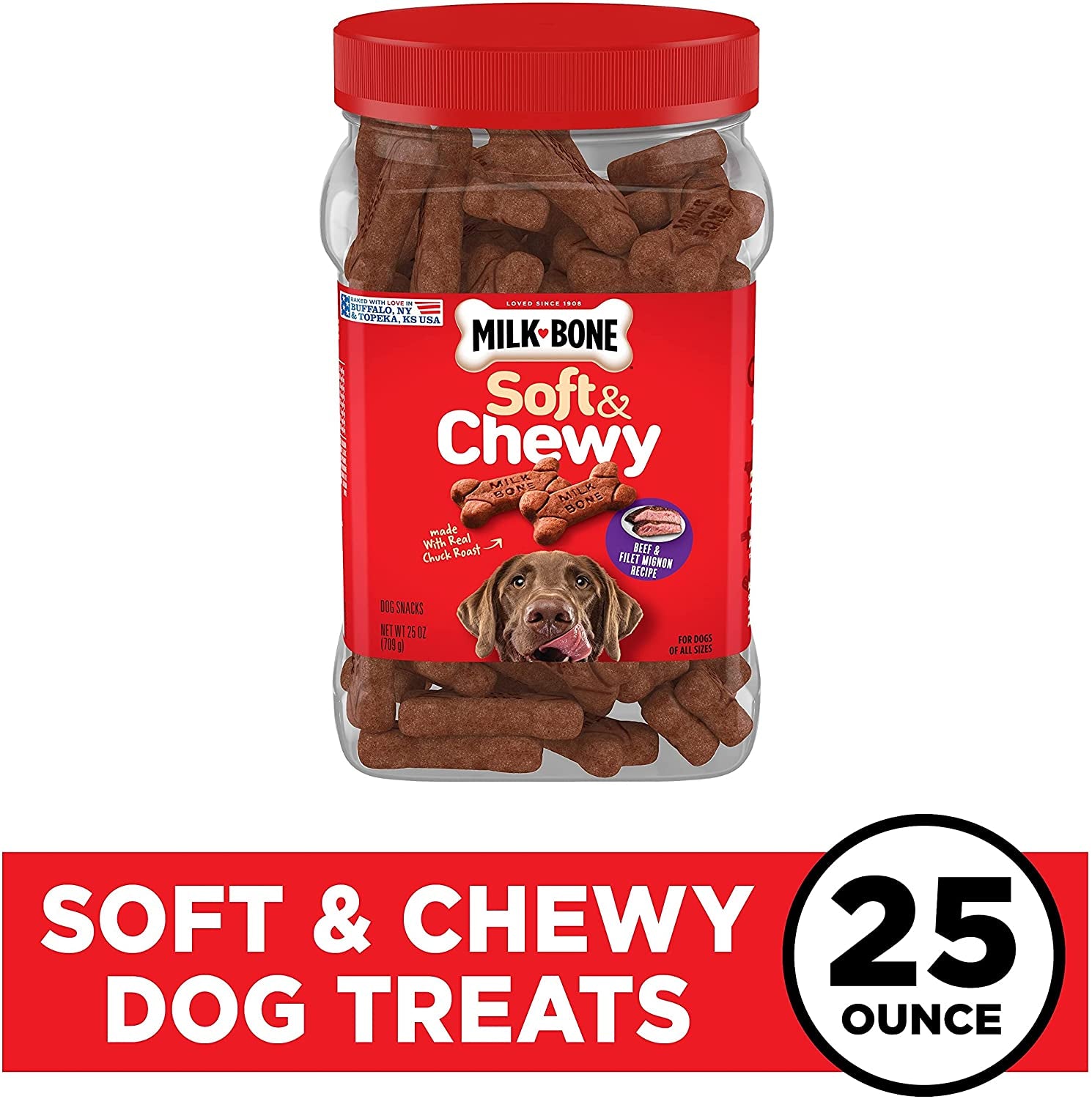 Milk-Bone Soft & Chewy Dog Treats Bundle: Beef & Filet Mignon Recipe 25 Ounce + Real Bacon 25 Ounce