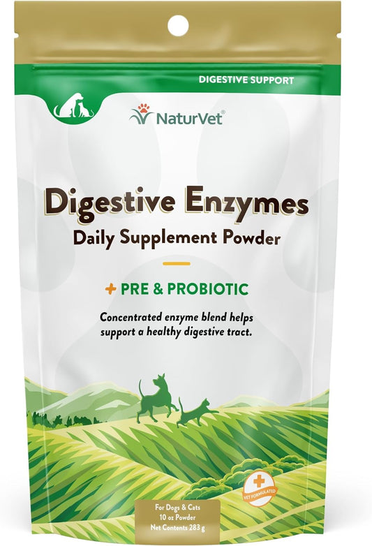 Naturvet – Digestive Enzymes - plus Probiotics & Prebiotics – Helps Support Diet Change & a Healthy Digestive Tract – for Dogs & Cats – 10 Oz Powder