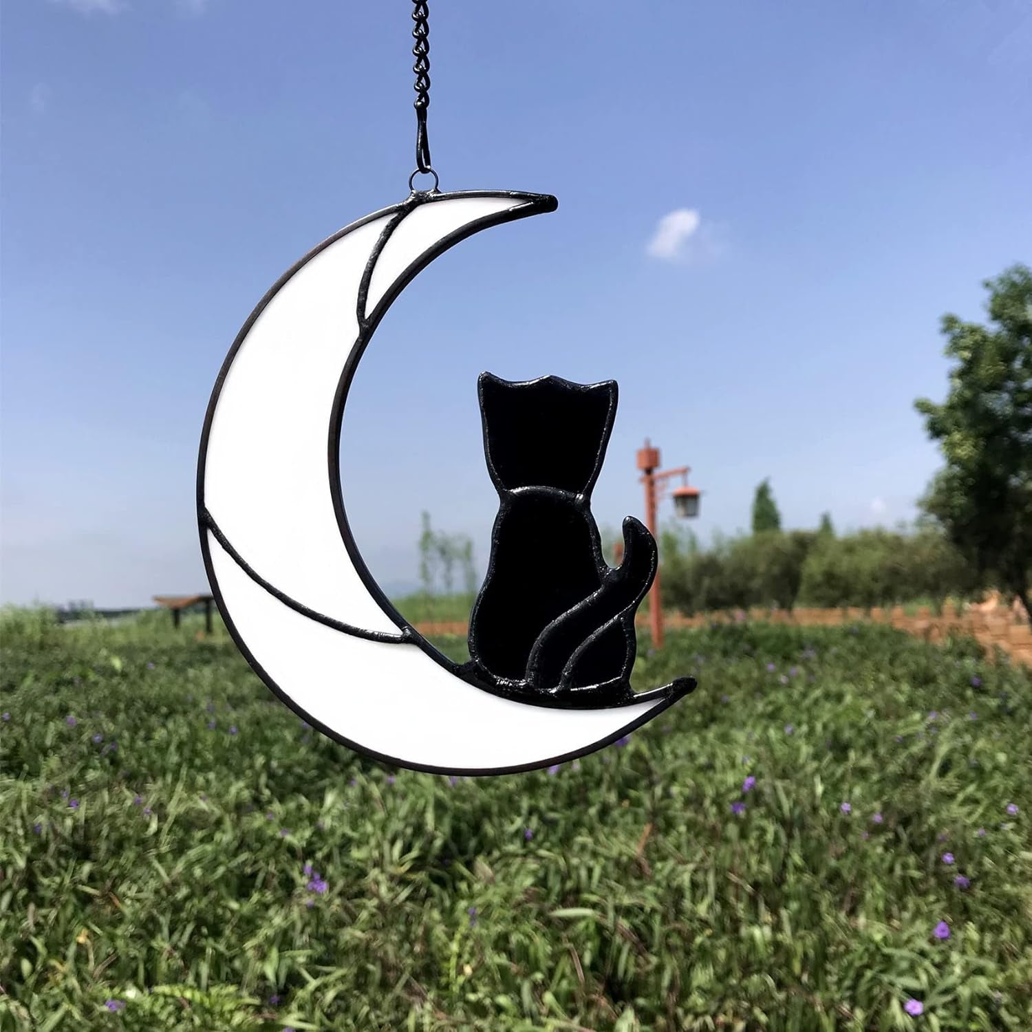 Black Cat Decor on White Moon Stained Glass Window Hangings Cat Memorial Gifts for Cat Lovers, Black Cat Halloween Decor Ornaments(Black Cat on White Moon)