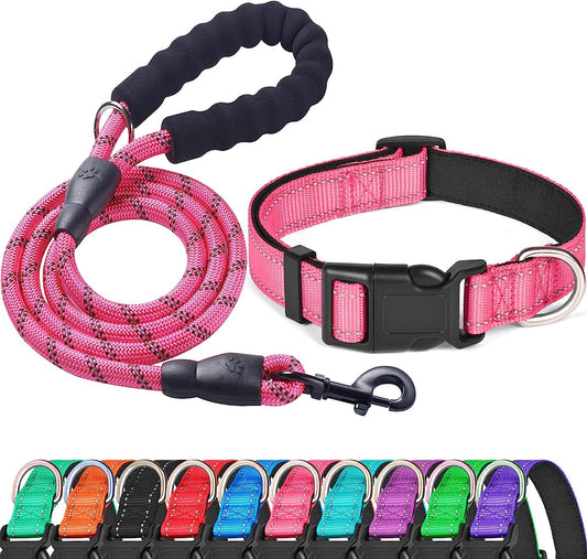 Reflective Dog Collar Padded with Soft Neoprene Breathable Adjustable Nylon Dog Collars for Small Medium Large Dogs (Large (Pack of 1), Pink Collar+Leash)