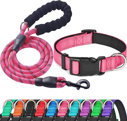 Reflective Dog Collar Padded with Soft Neoprene Breathable Adjustable Nylon Dog Collars for Small Medium Large Dogs (X-Small (Pack of 1), Pink Collar+Leash)