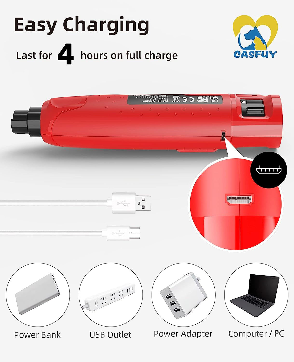 Casfuy Dog Nail Grinder Quiet - (45Db) 6-Speed Pet Nail Grinder with 2 LED Lights for Large Medium Small Dogs/Cats, Professional 3 Ports Rechargeable Electric Dog Nail Trimmer with Dust Cap(Red)