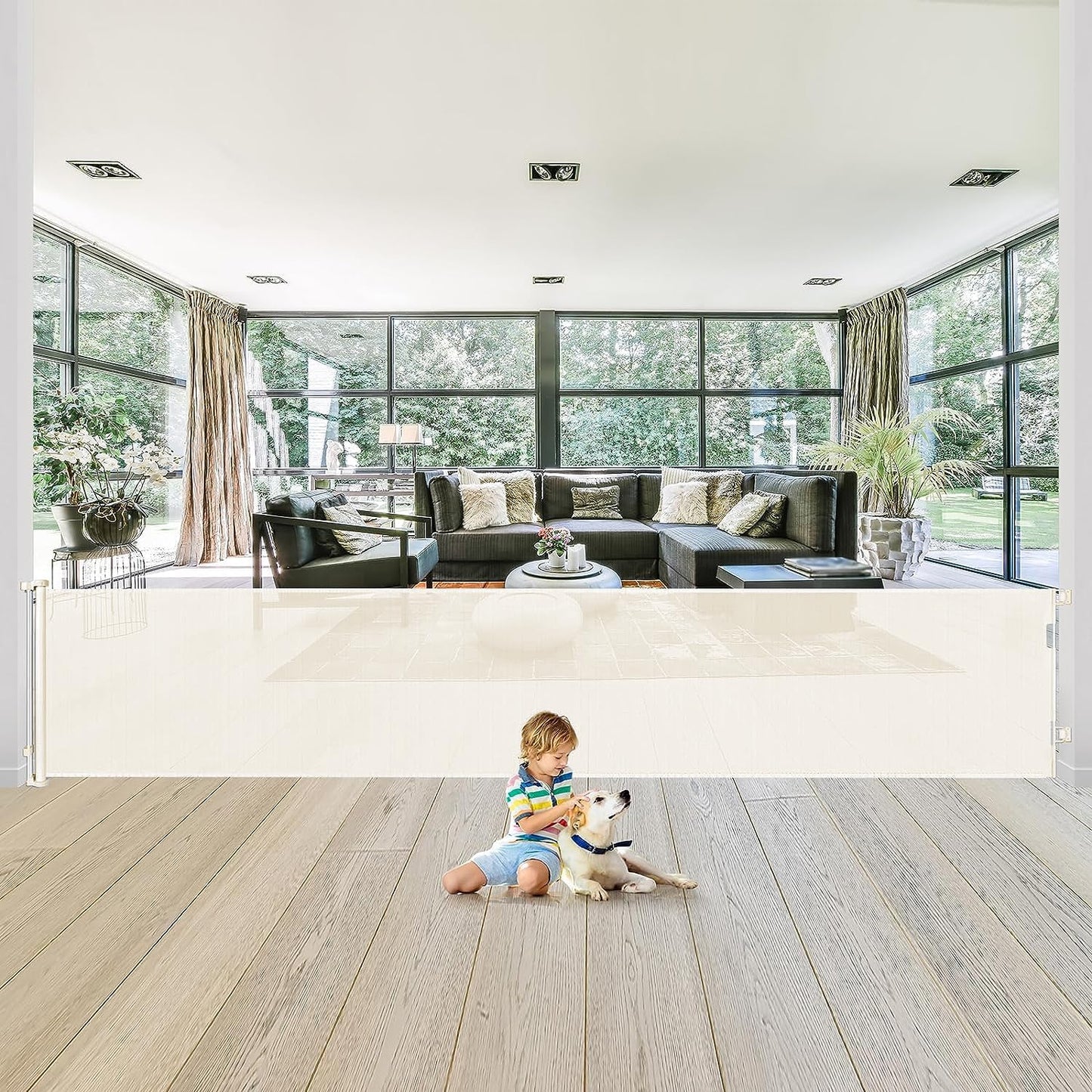 180 Inch Extra Long Baby Gate Extra Wide Dog Gates for Large Openings Extra Large Baby Gate Dog Gate for Doorways Extra Wide Retractable Baby Gates Extra Wide Indoor Outdoor Retractable Gate (Beige)