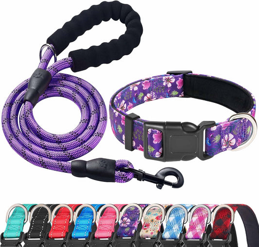 Reflective Dog Collar Padded with Soft Neoprene Breathable Adjustable Nylon Dog Collars for Small Medium Large Dogs (Medium (Pack of 1), Purple/Pink Floral Collar+Leash)