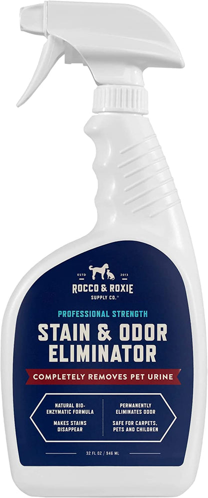 Rocco & Roxie Supply Co. Stain & Odor Eliminator for Strong Odor, 32Oz Enzyme Pet Odor Eliminator for Home, Carpet Stain Remover for Cats & Dog Pee, Enzymatic Cat Urine Destroyer, Carpet Cleaner Spray