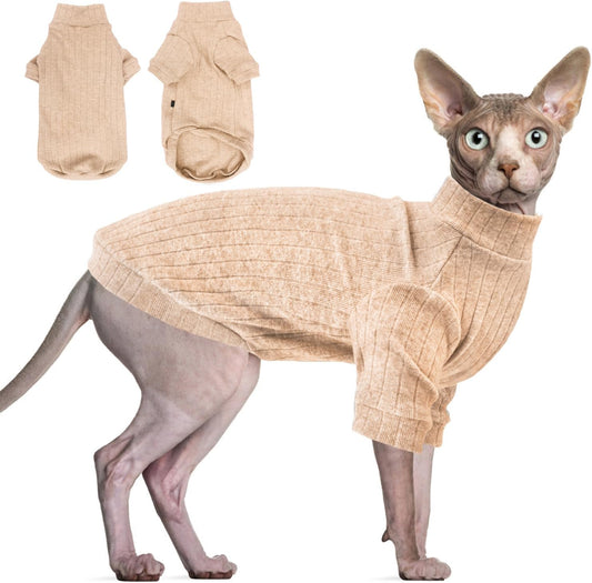 Idepet Sphynx Hairless Cats Sweater Shirt Kitten Soft Puppy Clothes Pullover Cute Cat Pajamas Jumpsuit Cotton Apparel Pet Winter Turtleneck for Cats and Teacup Chihuahua Small Dogs(Apricot,S)