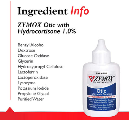 Zymox Otic Enzymatic Solution for Dogs and Cats to Soothe Ear Infections with 1% Hydrocortisone for Itch Relief, 1.25Oz