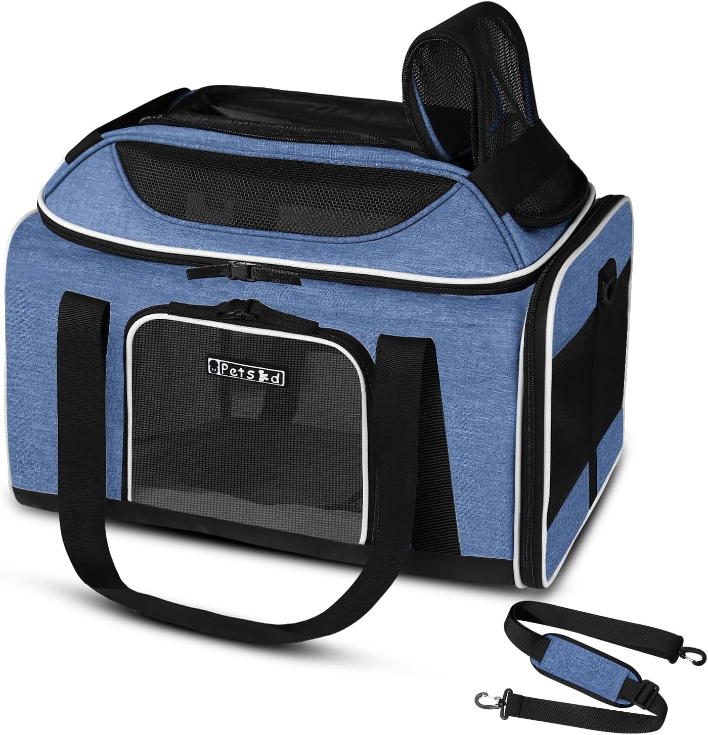 Top-Expandable Pet Carrier 17X11X9.5 Inches Alaska Airline Approved, Soft-Sided Carrier for Small Cats and Dogs with Locking Safety Zippers and Anti-Scratch Mesh(Blue)