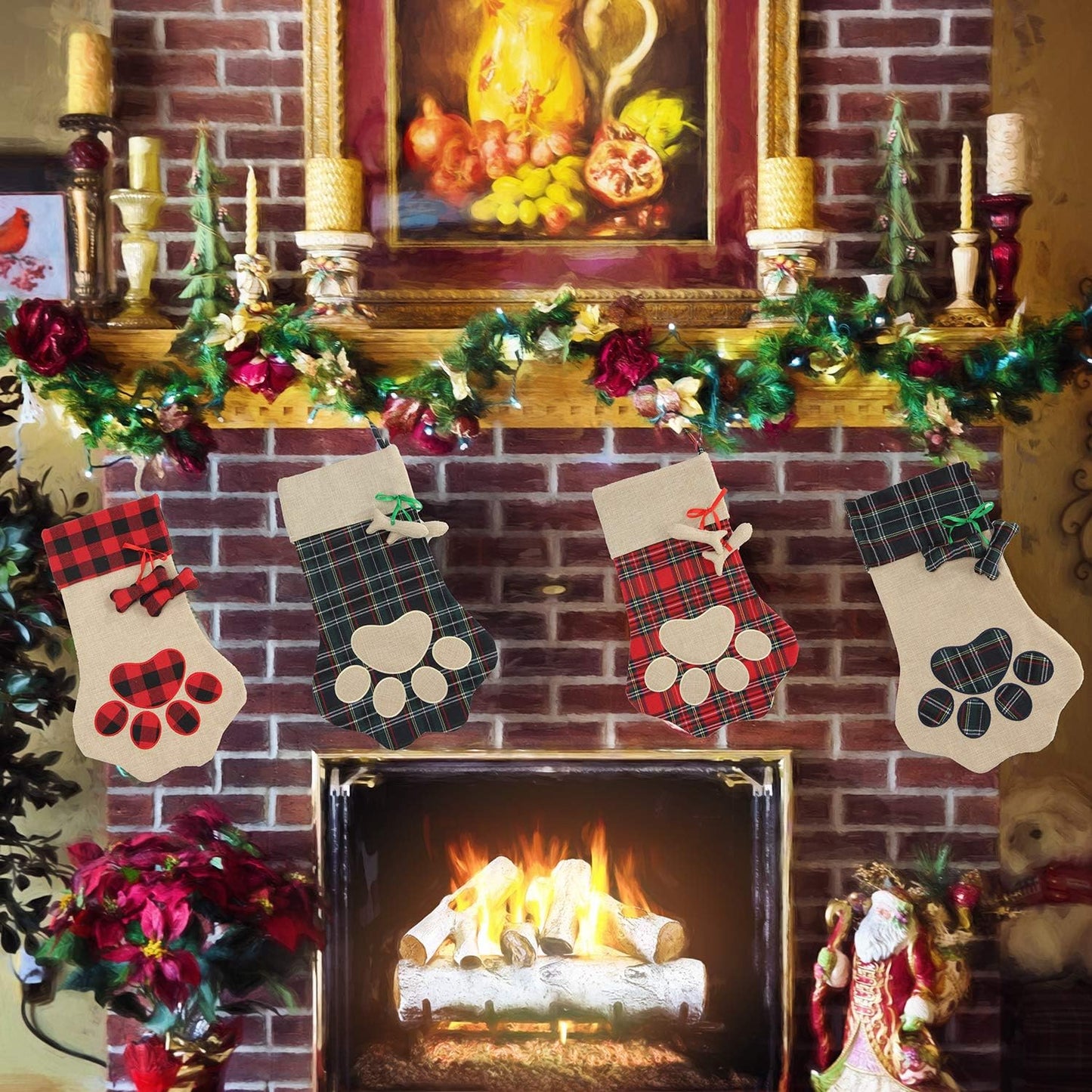 XinblueCo Christmas Pet Stockings Cat Dog Paw Dog Fish Bone Pattern Stockings Buffalo Plaid Fireplace Hanging Stockings for Fireplace Tree Decoration