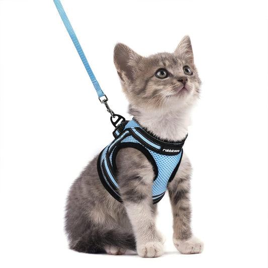 Rabbitgoo Cat Harness and Leash Set for Walking Escape Proof, Adjustable Soft Kittens Vest with Reflective Strip for Cats, Comfortable Outdoor Vest, Light Blue, S