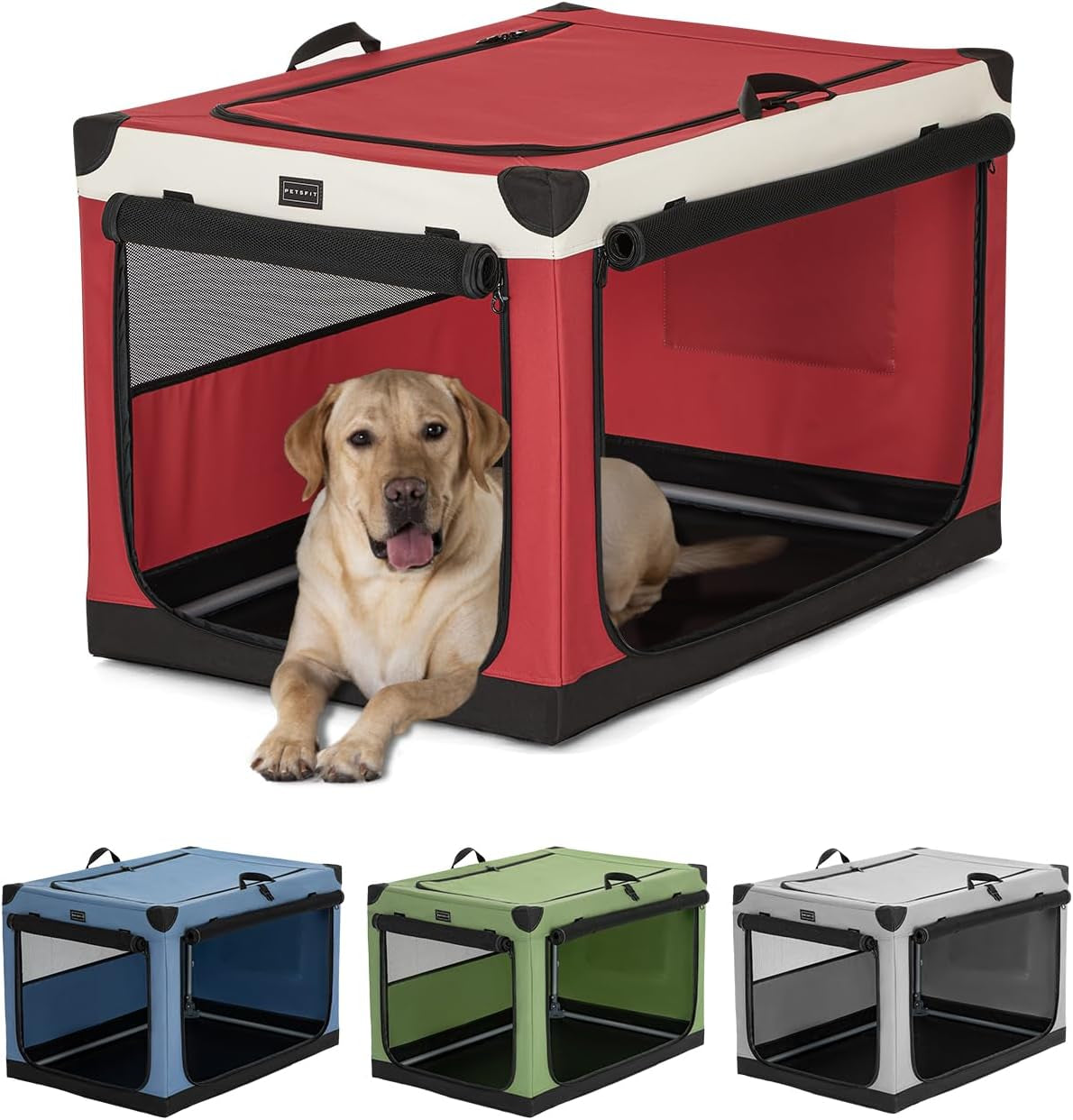 Petsfit 36 Inch Dog Crate, Adjustable Fabric Cover by Spiral Iron Pipe, Chew Proof 3 Door Design, Soft Collapsible Dog Kennel Red