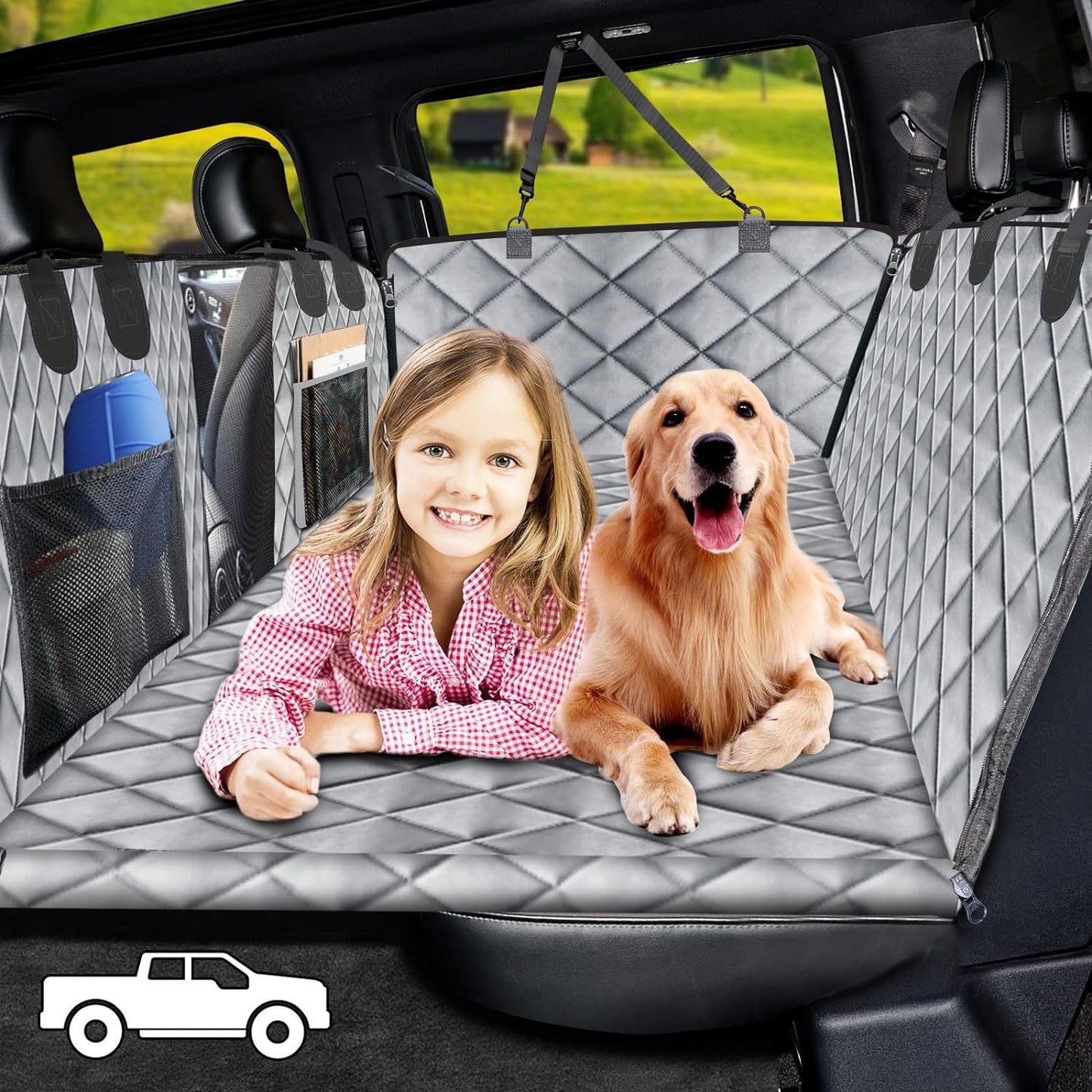 URPOWER XL Dog Back Seat Extender for Truck, Hard Bottom Dog Seat Cover Waterproof Dog Car Hammock Pet Backseat Bed for Crew Cab Truck and Large SUV, Pet Truck Accessories for F150 / RAM 1500/ Tundra