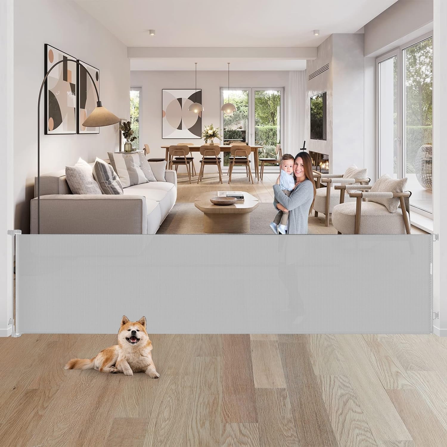 80 Inch Baby Gate Extra Wide Retractable Dog Gate Mesh Baby Gate Outdoor Baby Gates for Decks Indoor Mesh Gate Retractable Pet Gate Doorway Gate Safety Gates for Stairs Babies Kids Gate (Light Gray)