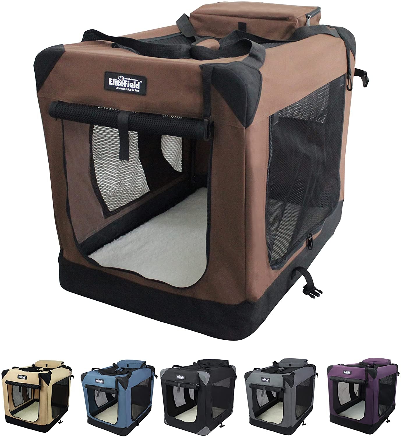 Elitefield 3-Door Folding Soft Dog Crate with Carrying Bag and Fleece Bed (2 Year Warranty), Indoor & Outdoor Pet Home (30" L X 21" W X 24" H, Brown)