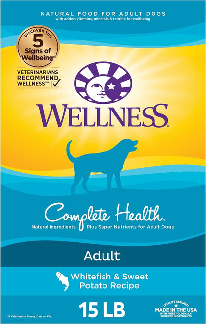 Wellness Complete Health Dry Dog Food with Grains, Natural Ingredients, Made in USA with Real Meat, All Breeds, for Adult Dogs (Whitefish & Sweet Potato, 15-Pound Bag)