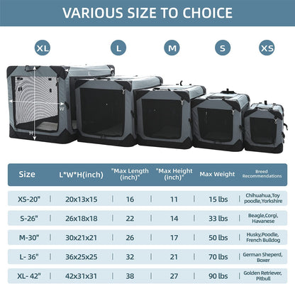 42 Inch Collapsible Dog Crate for Large Dogs, 4-Door Foldable Soft Dog Kennel with Chew Proof Mesh Windows, Indoor & Outdoor Travel Dog Crate, Soft Side Dog Crate