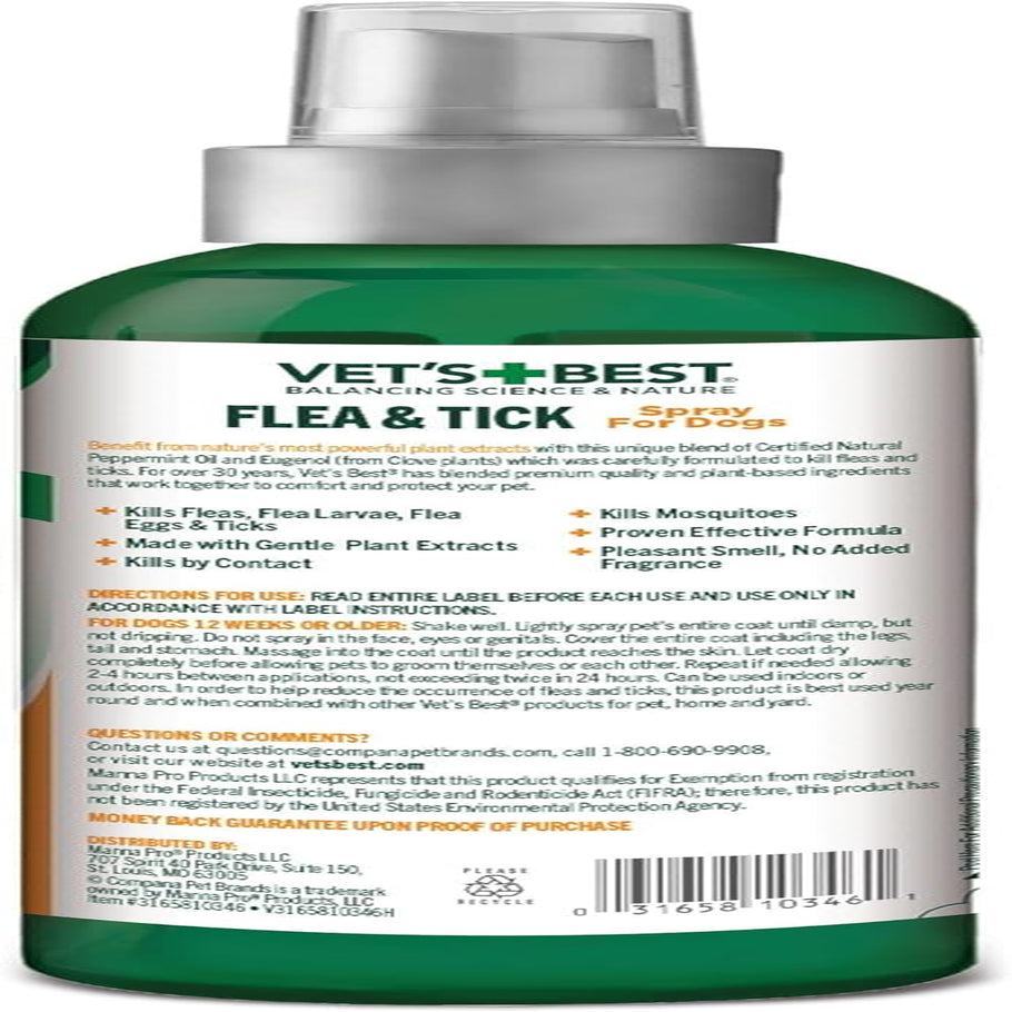 Vet'S Best Tick & Flea Spray - Plant-Based Flea and Tick Prevention for Dogs - Certified Natural Oils - 8 Oz