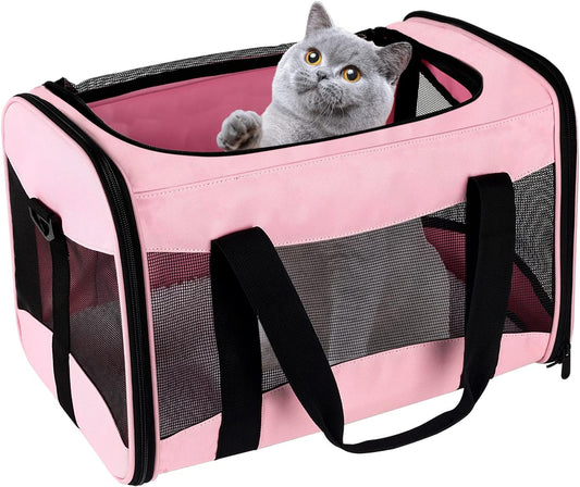 Cat Carrying Case - Pet Carrier Airline Approved, Protable and Breathable Pet Travel Carrier Removable Fleece Pad, Collapsible Cat Carrier Dog Carrier for Medium Cats Small Cats Dogs (Medium, Pink)