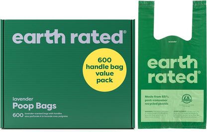 Earth Rated Dog Poop Bags with Handles Value Pack, Extra Wide, Easy Tie and Guaranteed Leakproof, Lavender, 600 Handle Bags