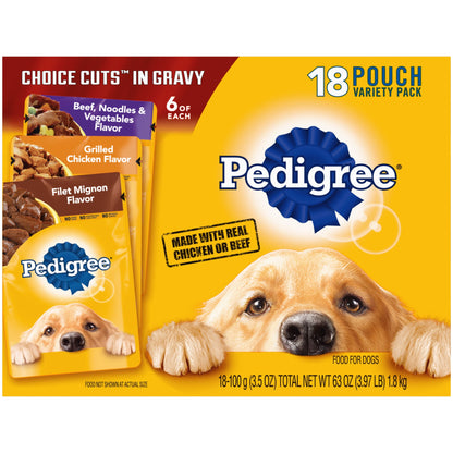 Pedigree Chopped Ground Dinner Adult Wet Dog Food Cheese Variety Pack, 3.5 Oz Pouches (18 Pack)