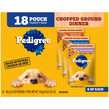 Pedigree Chopped Ground Dinner Adult Wet Dog Food Cheese Variety Pack, 3.5 Oz Pouches (18 Pack)