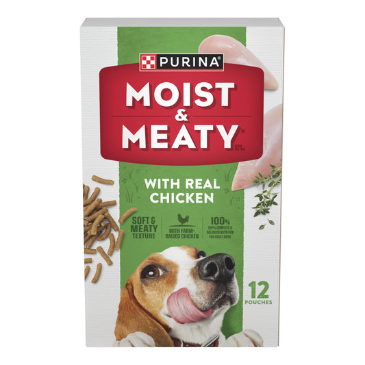 Purina Moist and Meaty Soft Dog Food, Real Chicken Recipe, Wet Dog Food, Pouches (12 Pack)