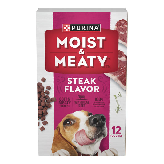 Purina Moist and Meaty Steak Flavor Soft Dog Food Pouches, 72 Oz, 12 Count