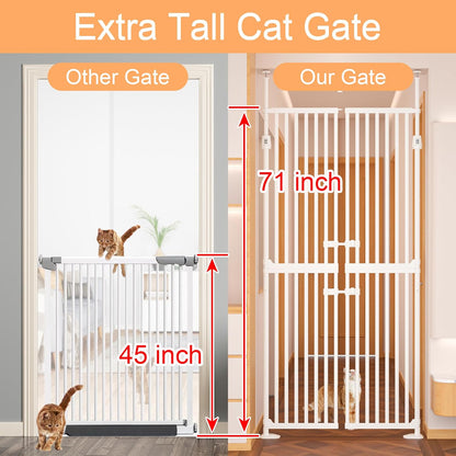 71" High Extra Tall Cat Gate, 33.85-35.43" Wide Cat Safety Gate, 1.34" Extra Narrow Gap, Auto Close, No Drilling, Double Pet Door for Doorways, Kitchen