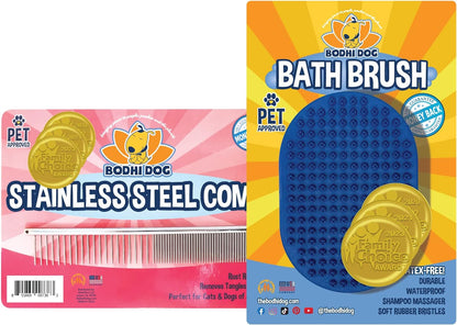 Bodhi Dog Shampoo Brush | Pet Shower & Bath Supplies for Cats & Dogs | Dog Grooming Bath Brush for Long & Short Hair Dog Scrubber | Professional Quality Dog Wash Brush (Stainless Comb Bundle, Blue)