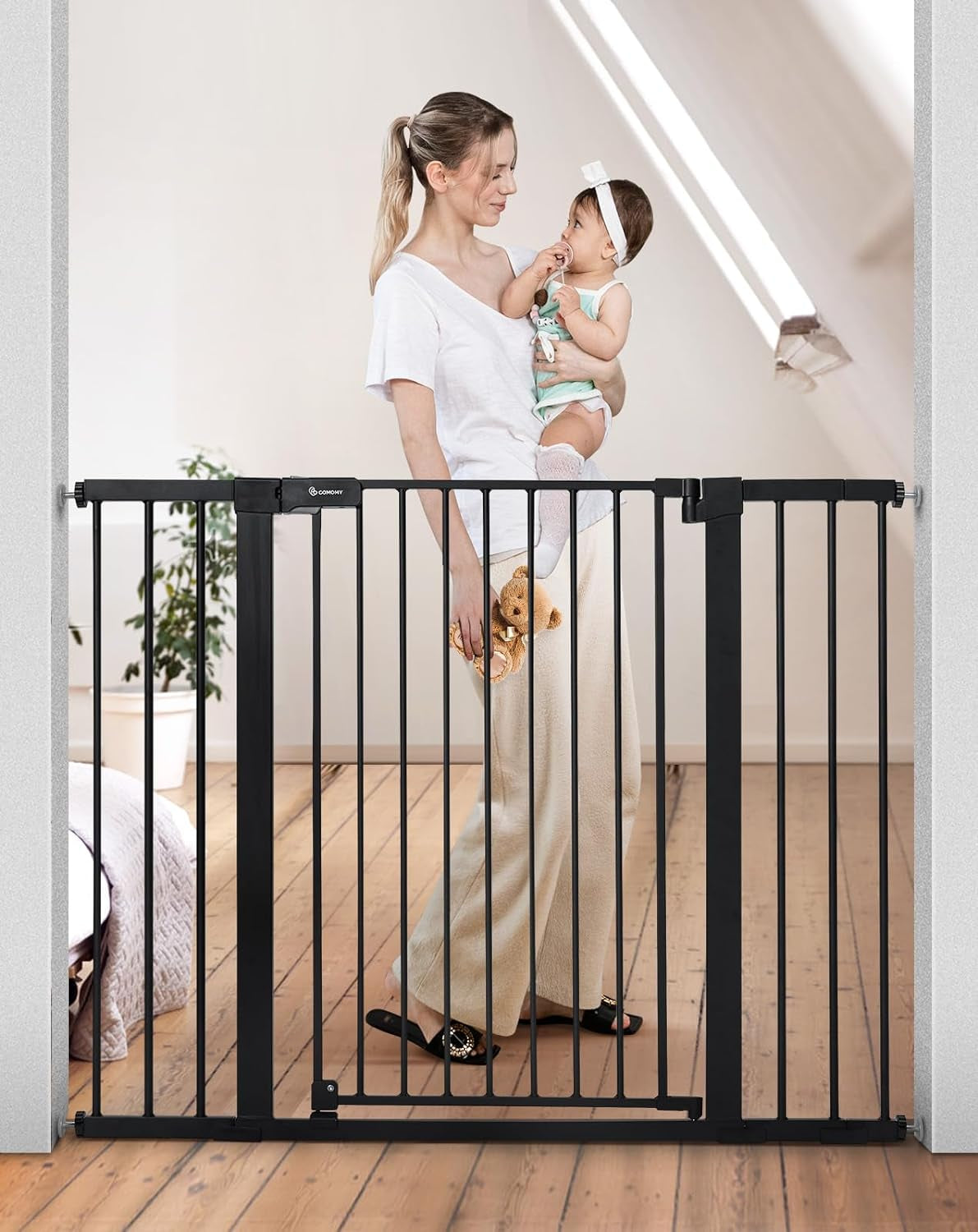 COMOMY 30" Tall Baby Gate for Stairs Doorways, Fits Openings 29.5" to 46" Wide, Auto Close Extra Wide Dog Gate for House, Pressure Mounted Easy Walk through Pet Gate with Door, Black