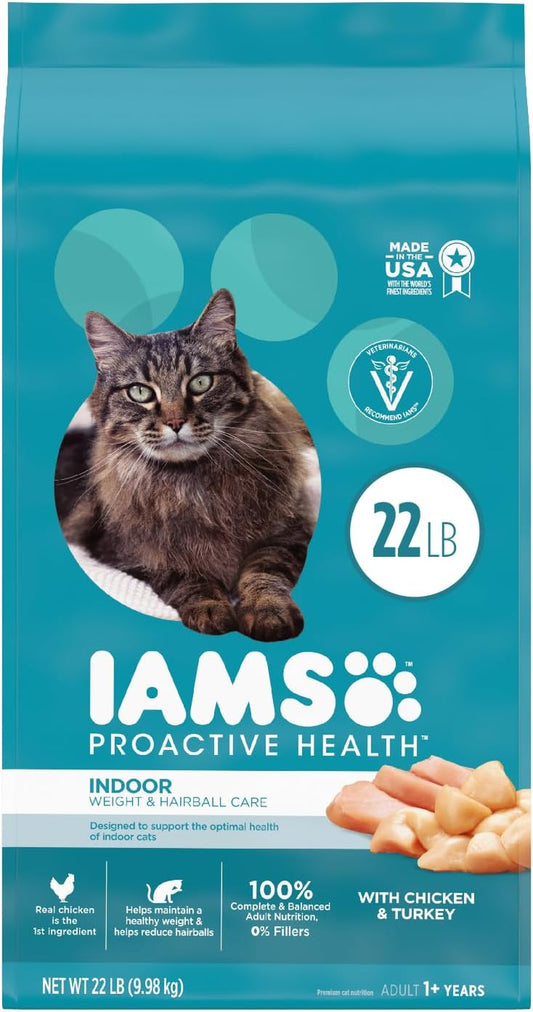 IAMS PROACTIVE HEALTH Adult Indoor Weight Control & Hairball Care Dry Cat Food with Chicken & Turkey Cat Kibble, 22 Lb. Bag