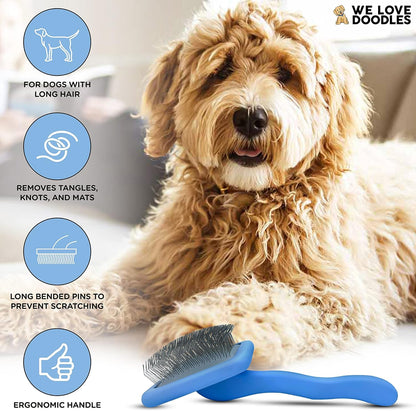 We Love Doodles Dog Slicker Brush for Grooming Pet Hair - Best Brushes for Poodle & Golden Doodle - Long Haired Brush for Dogs - Goldendoodle Long Pin Brush for Dematting (Medium Curved)