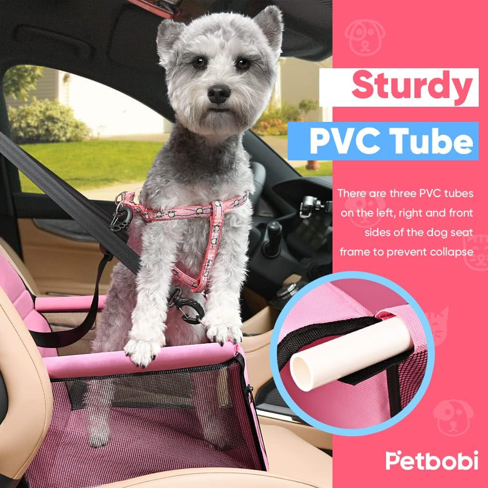 Petbobi Pet Reinforce Car Booster Seat for Dog Cat Portable and Breathable Bag with Seat Belt Dog Carrier Safety Stable for Travel Look Out,With Clip on Leash with PVC Tube, Pink