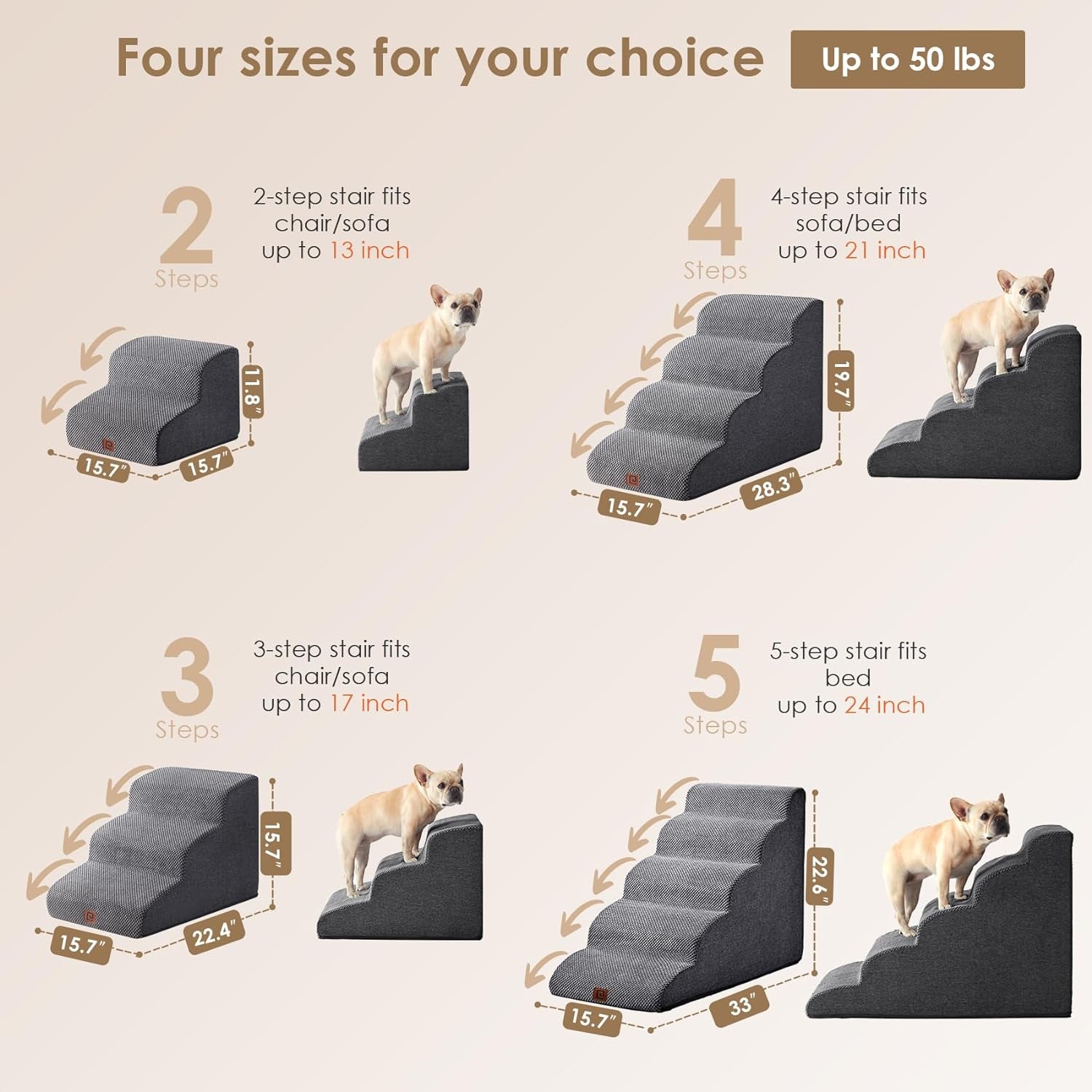 EHEYCIGA Curved Dog Stairs for High Beds, 5-Step Extra Wide Dog Steps for Small Dogs and Cats, Pet Stairs for High Bed Climbing, Non-Slip Balanced Pet Step Indoor, Grey