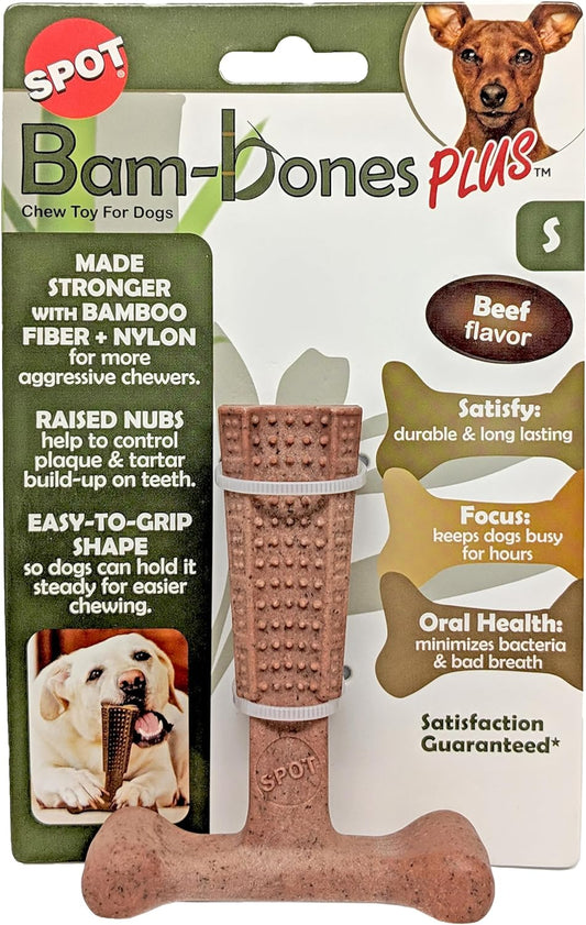 SPOT Bam-Bones plus T Bone - Bamboo Fiber & Nylon, Durable Long Lasting Dog Chew for Aggressive Chewers – Great Toy for Adult Dogs & Teething Puppies under 30Lbs, Non-Splintering, 4In, Beef Flavor