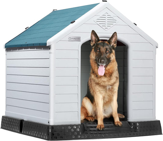 LEMBERI Durable Waterproof Plastic Dog House for Small to Large Sized Dogs, Indoor Outdoor Doghouse Insulated Puppy Shelter with Elevated Floor, Easy to Assemble (Blue, 42''L*38''W*39''H)