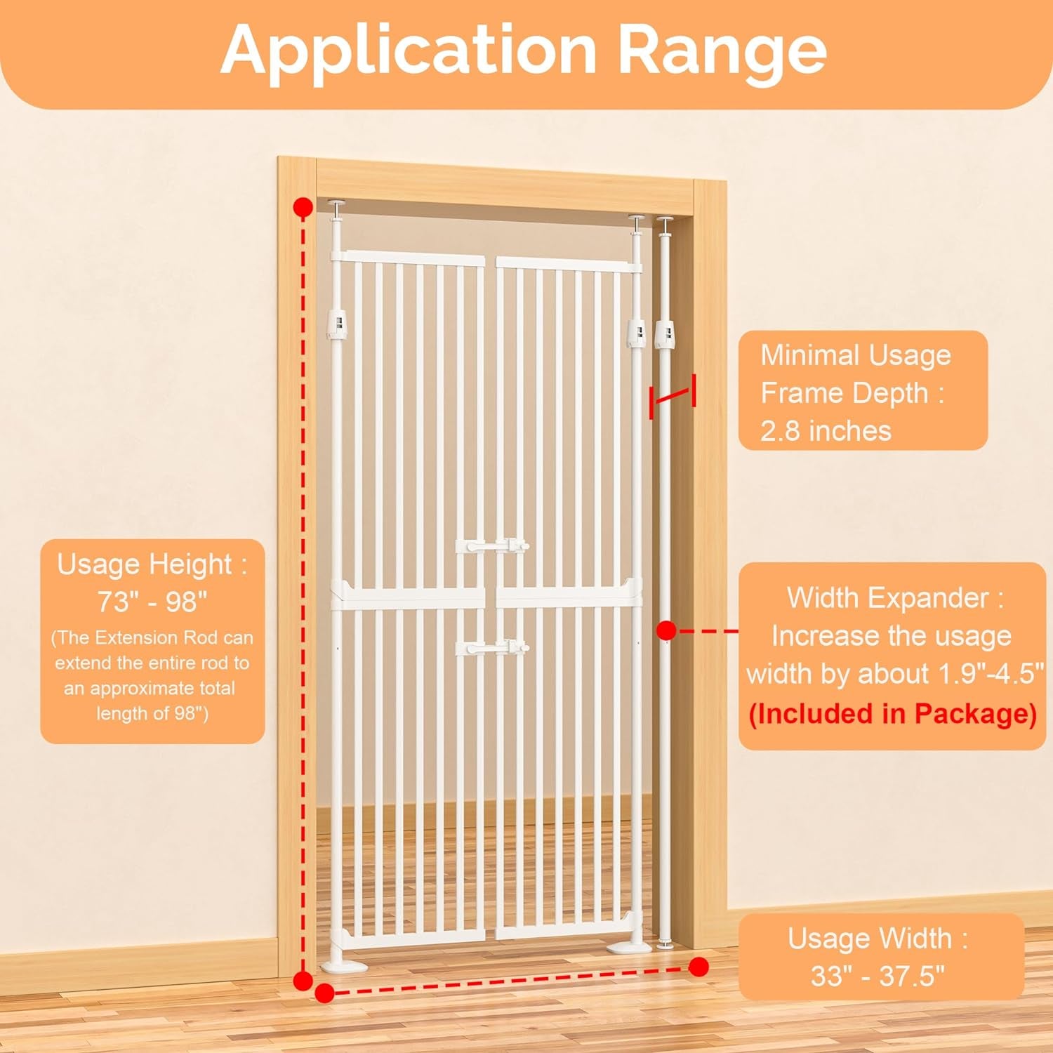 71" High Extra Tall Cat Gate, 33.85-35.43" Wide Cat Safety Gate, 1.34" Extra Narrow Gap, Auto Close, No Drilling, Double Pet Door for Doorways, Kitchen