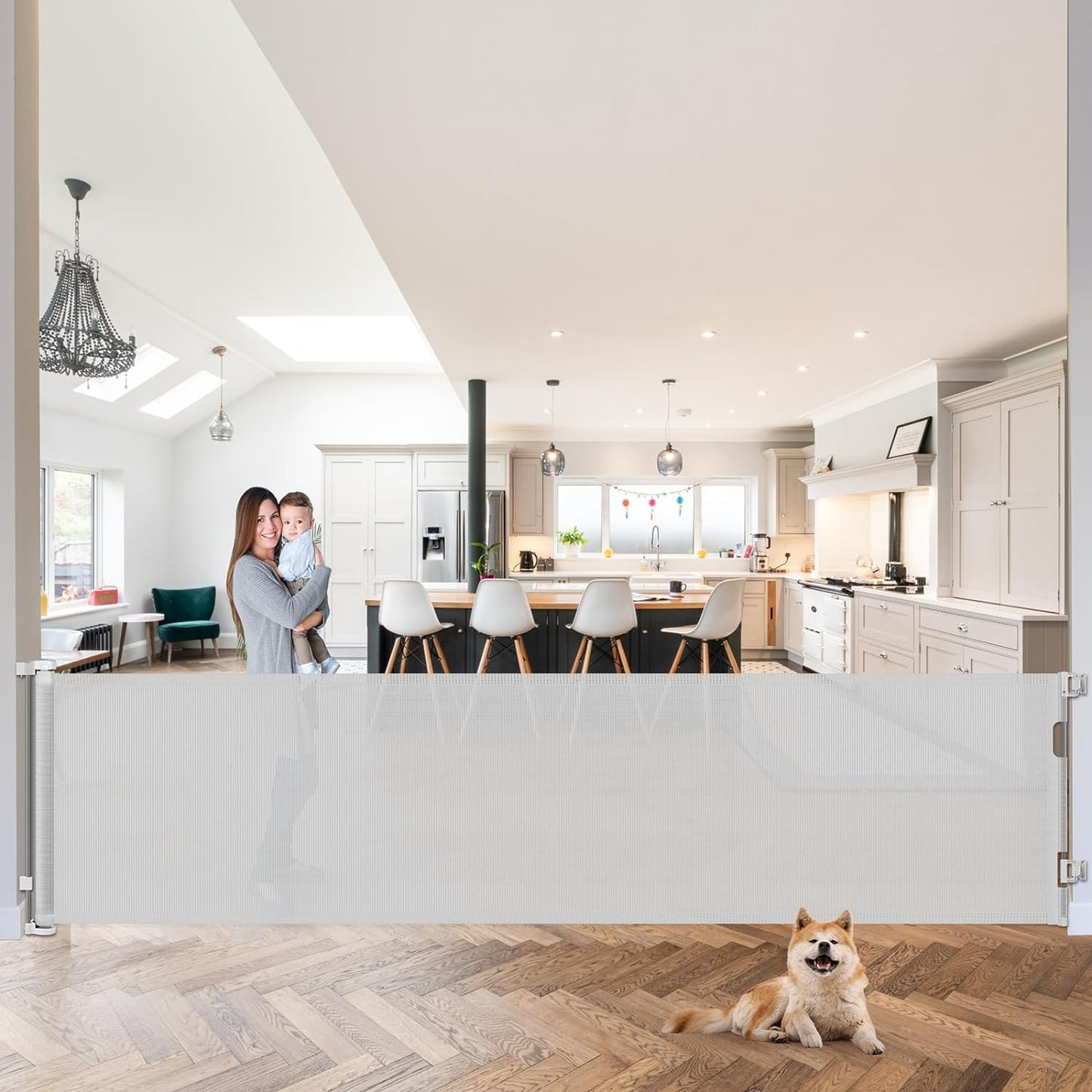 168 Inch Baby Gates Extra Wide Retractable Dog Gate Extra Wide Baby Gates for Large Openings Extra Long Dog Gate Retractable Gate Outdoor Indoor Retractable Pet Gate Extra Long Baby Gate (Light Gray)