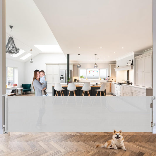 168 Inch Baby Gates Extra Wide Retractable Dog Gate Extra Wide Baby Gates for Large Openings Extra Long Dog Gate Retractable Gate Outdoor Indoor Retractable Pet Gate Extra Long Baby Gate (Light Gray)