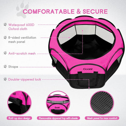 Portable Large Pet Cat Playpen for Indoor Outdoor Cats, Foldable Big Dog Playpen Tent Kennel Crate with Cover Enclosed for House Puppy Travel Camping (Large Size, Pink)